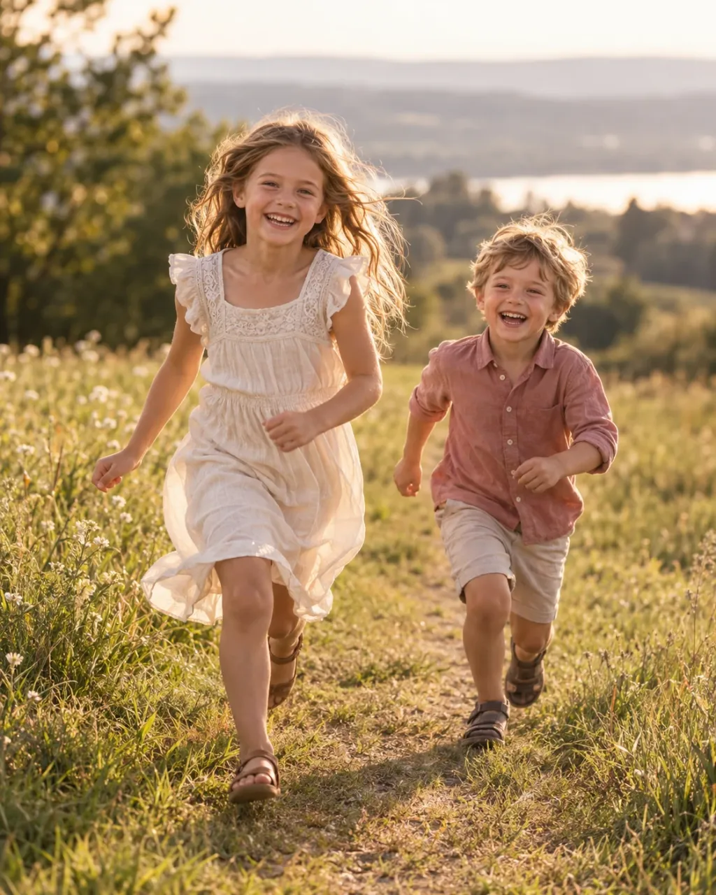 Two siblings running and laughing across a meadow