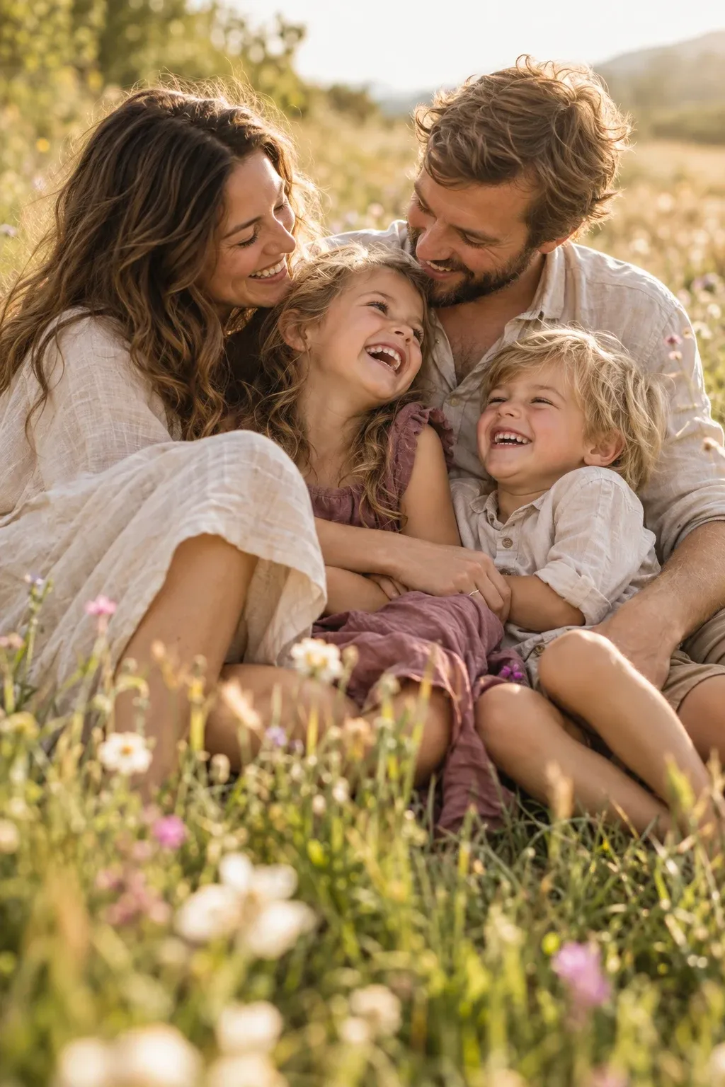 Family cuddling and laughing in a summer meadow