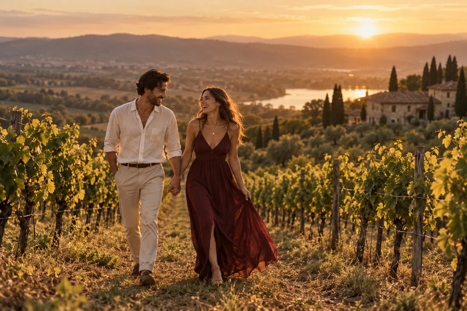 Couple walking hand in hand through a vineyard at dusk