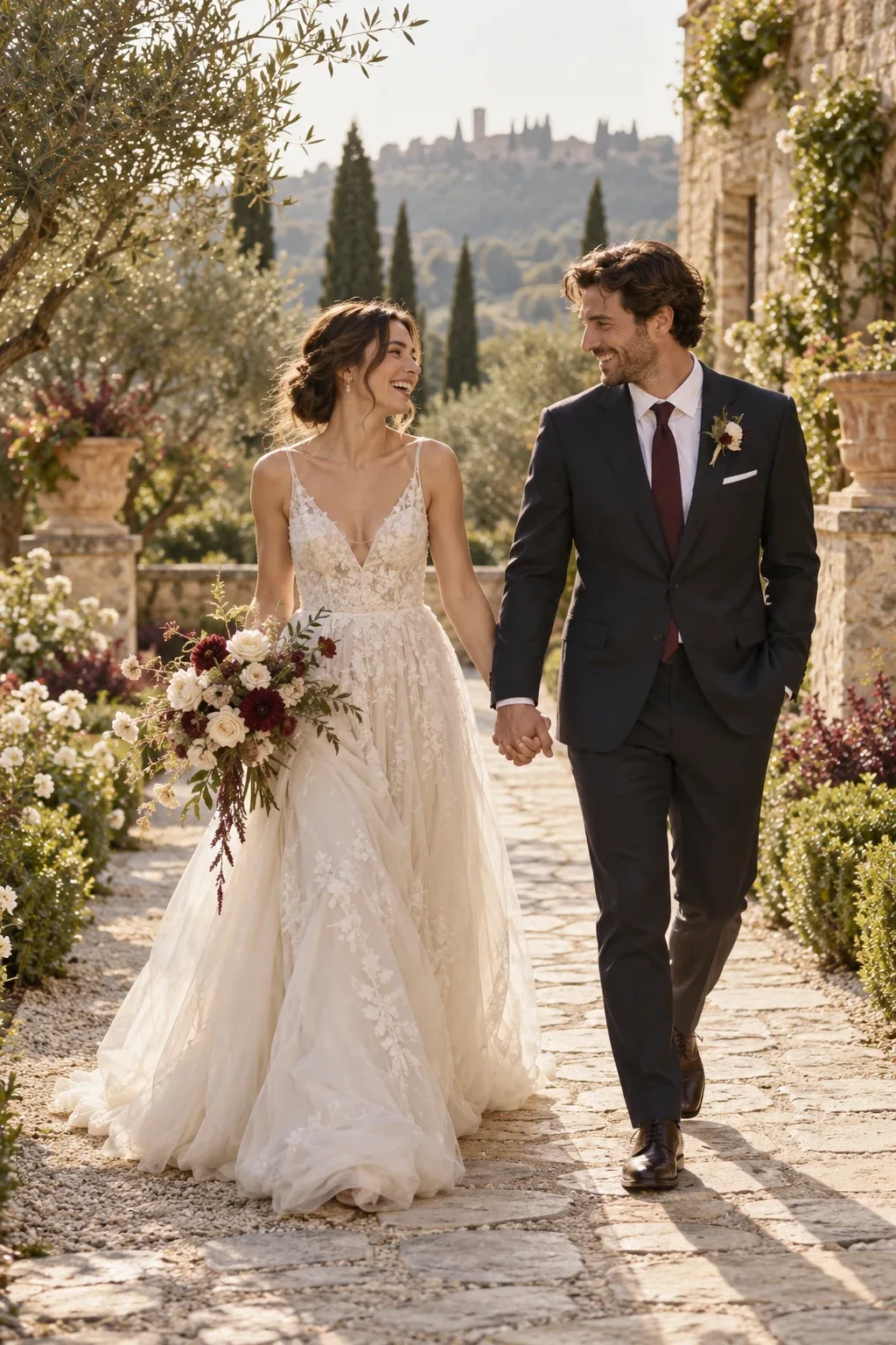 Newlyweds laughing as they walk through a garden