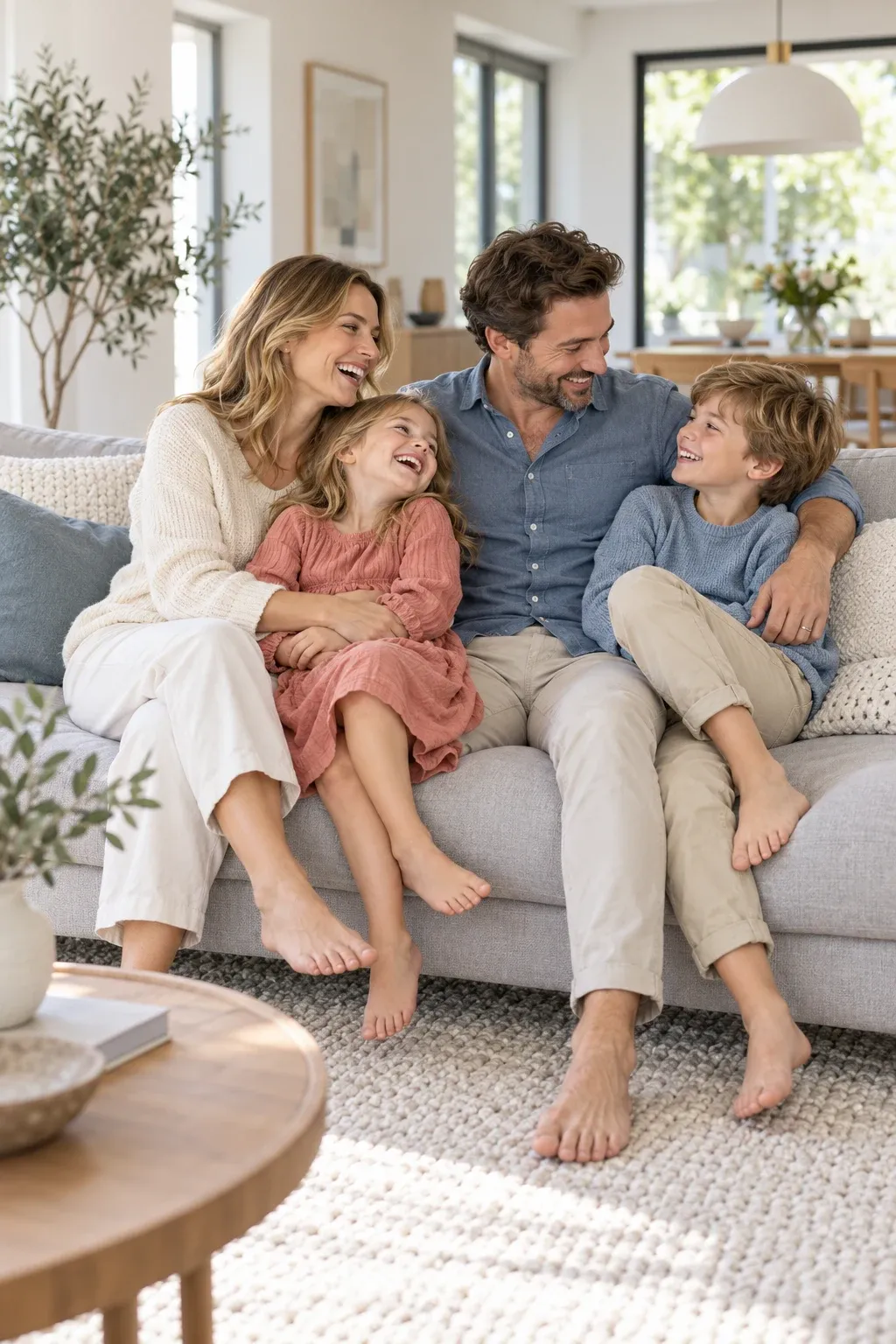 A family laughing together on a light sofa