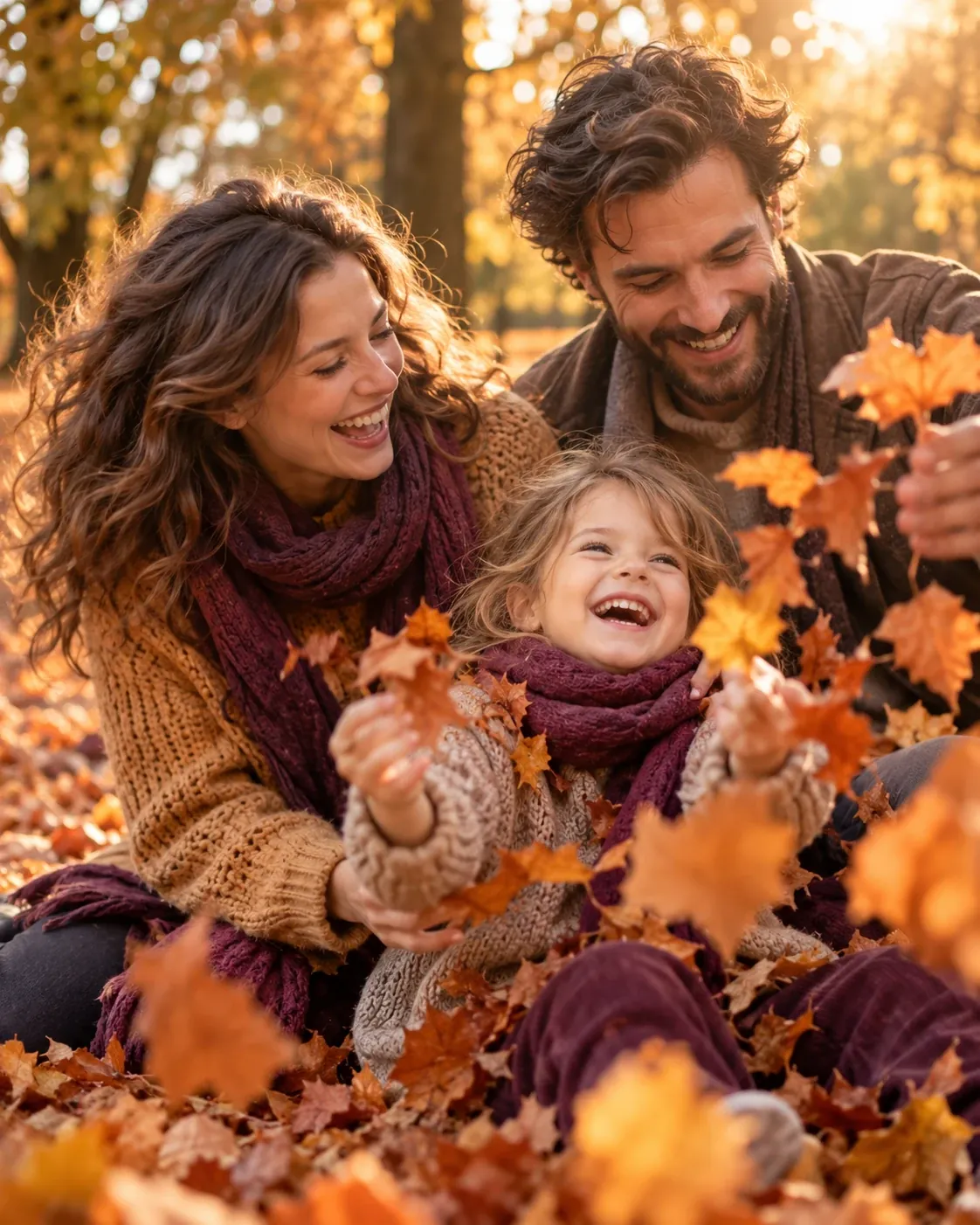 Family playing with colorful autumn leaves