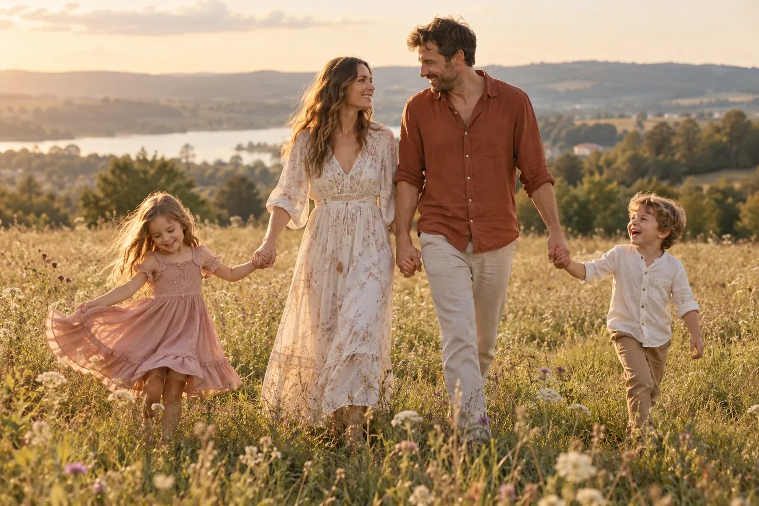 Family walking together through a meadow