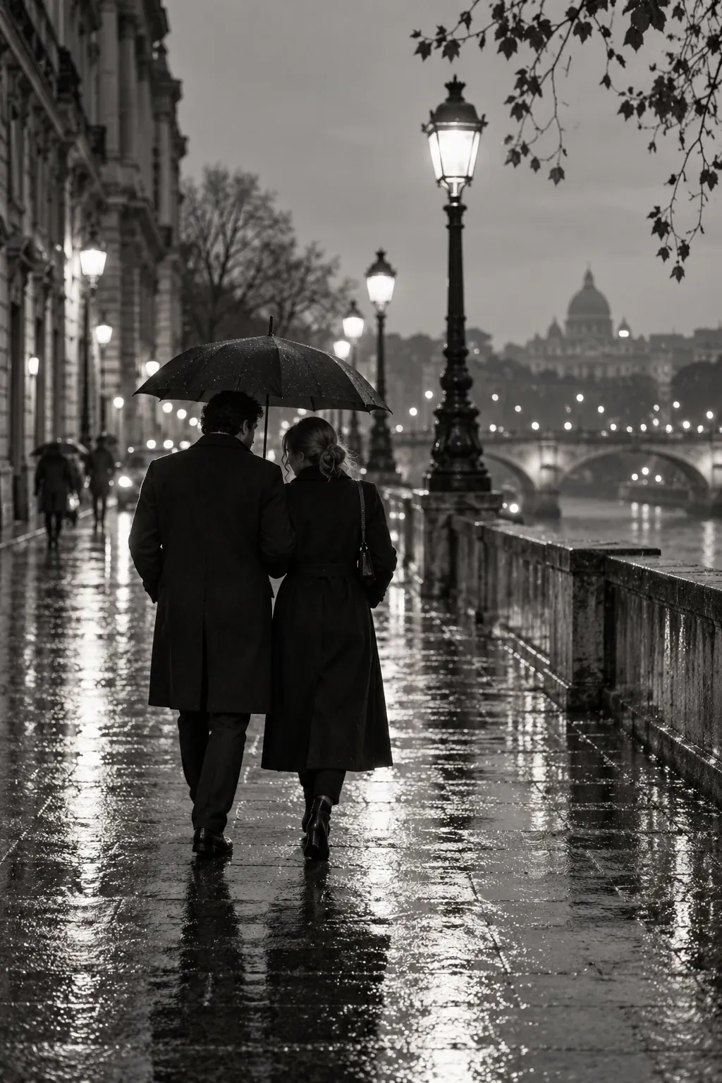 Couple on a reflective street at dusk