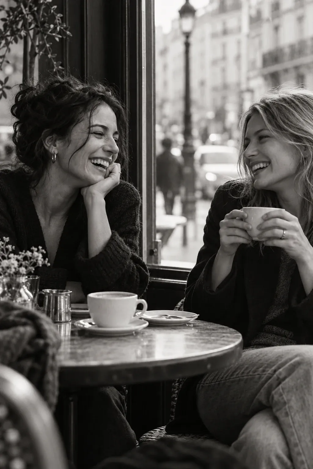 Two friends laughing together in a café