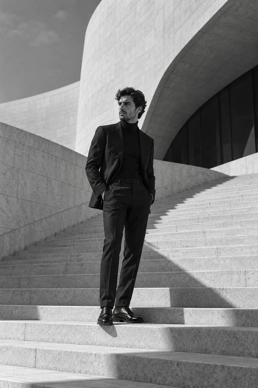 A man on pale architectural stairs with geometric shadows