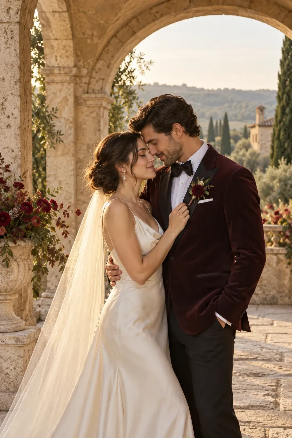 Bridal couple in a close embrace under a light stone arch