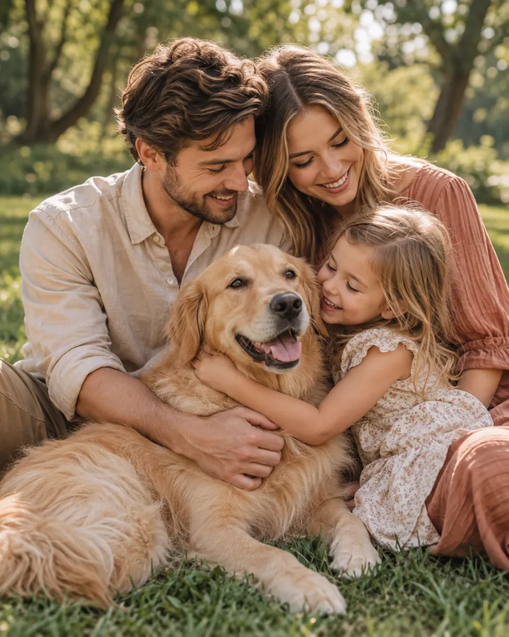 Family with their golden retriever in the park