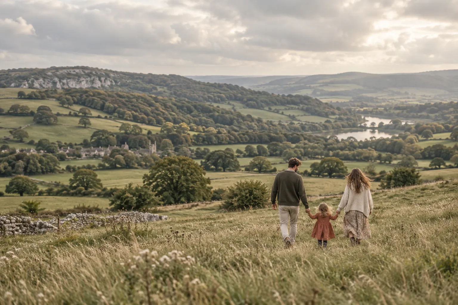 A family walking through a quiet meadow beneath an open sky