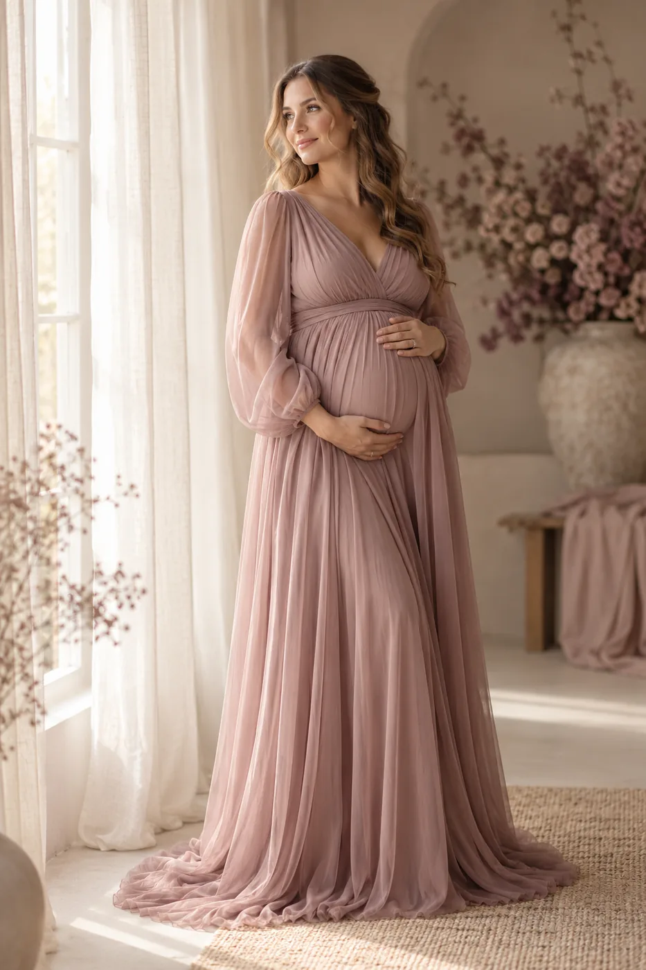 Pregnant woman in a rose dress in soft window light