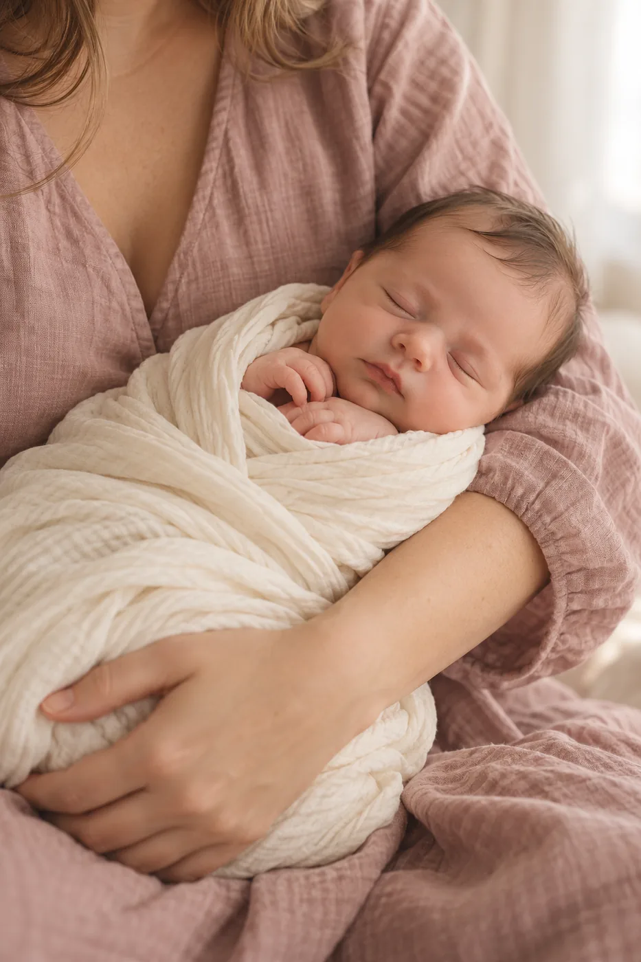 A sleeping newborn wrapped in a light cloth, safe in a parent’s arms